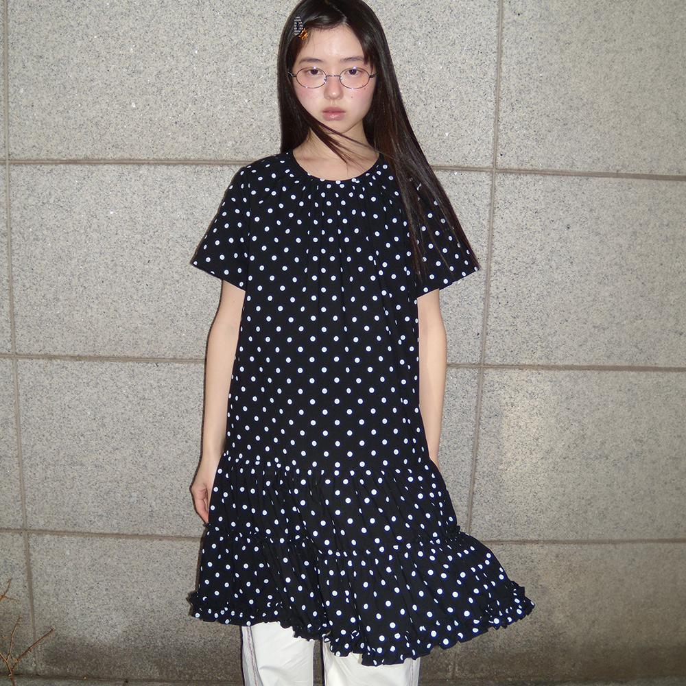 [5/23 순차배송] FRILL SHORT SLEEVE ONEPIECE DRESS BLACK WHITE DOT