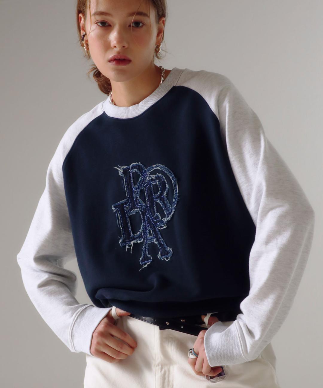COMBINATION DENIM PATCH RAGLAN SWEATSHIRT NAVY