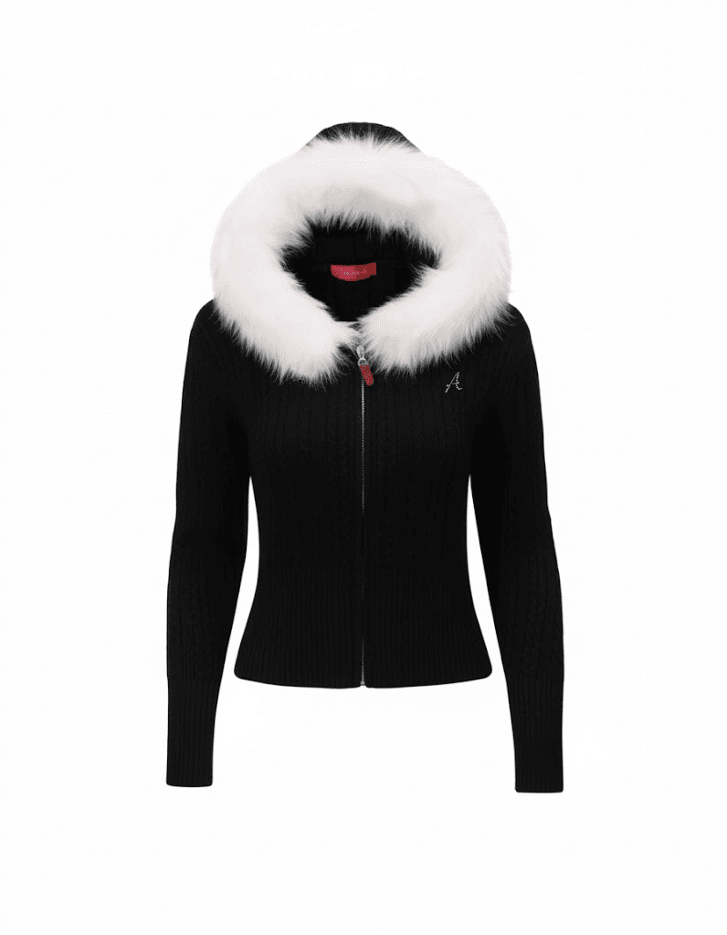 Meribel Fur Hood Knit Cardigan Black