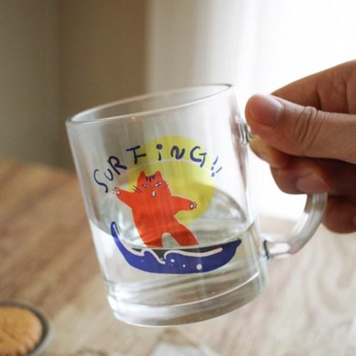 자연공방 서핑하는 고양이 투명 내열유리 아이스컵