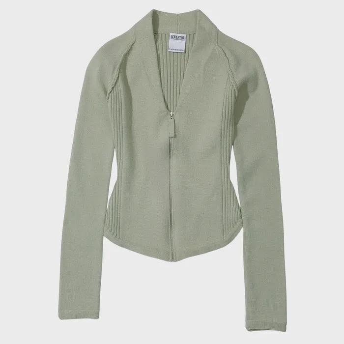 Open Collar Knit Zip-Up Pale Mint