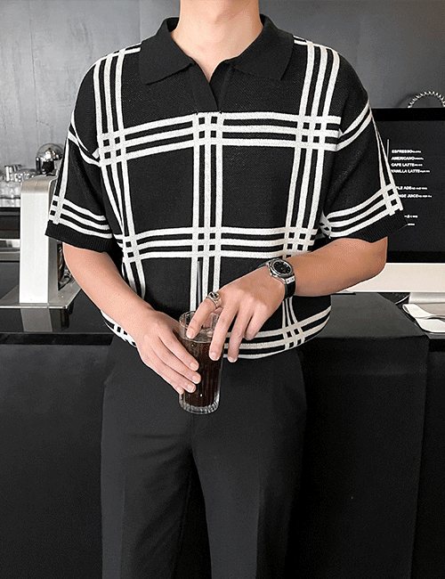 리버스 체크 오픈카라니트 (4 colors)