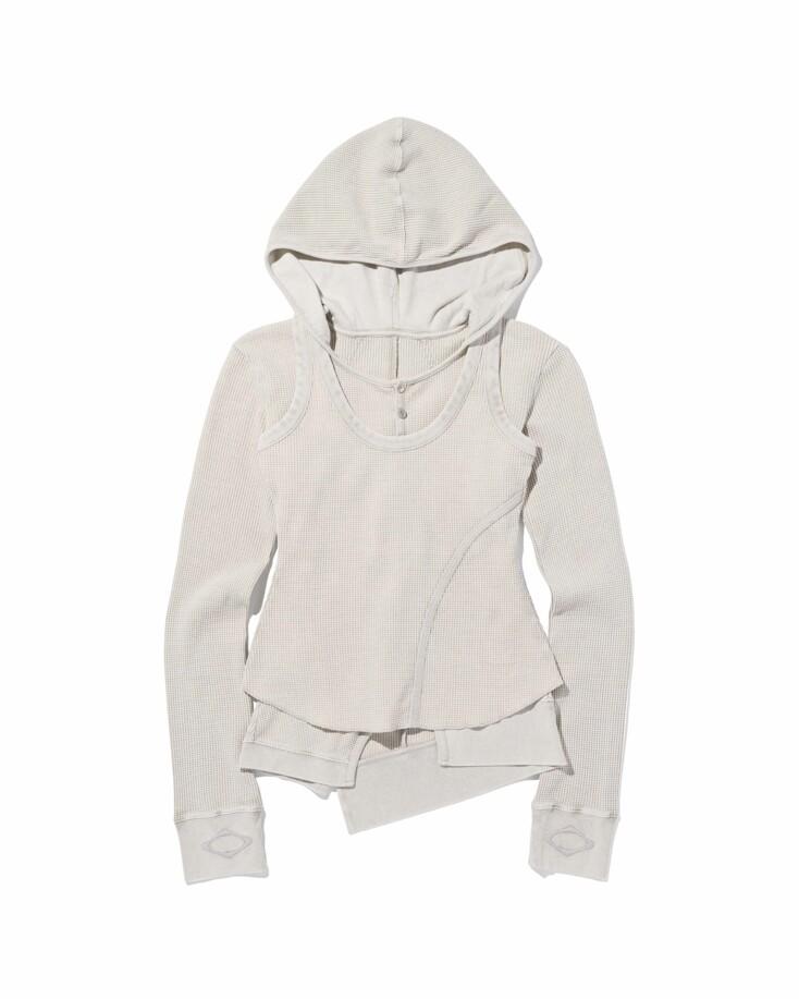 LAYERED WAFFLE HOODIE SET - BLEACHED BEIGE