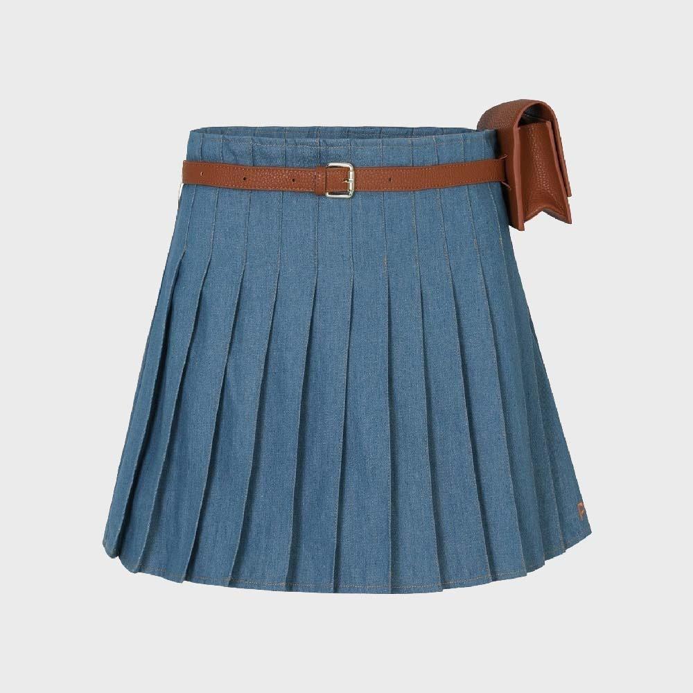 DENIM PLEATED SKIRT + BELT BAG SET_Light Denim