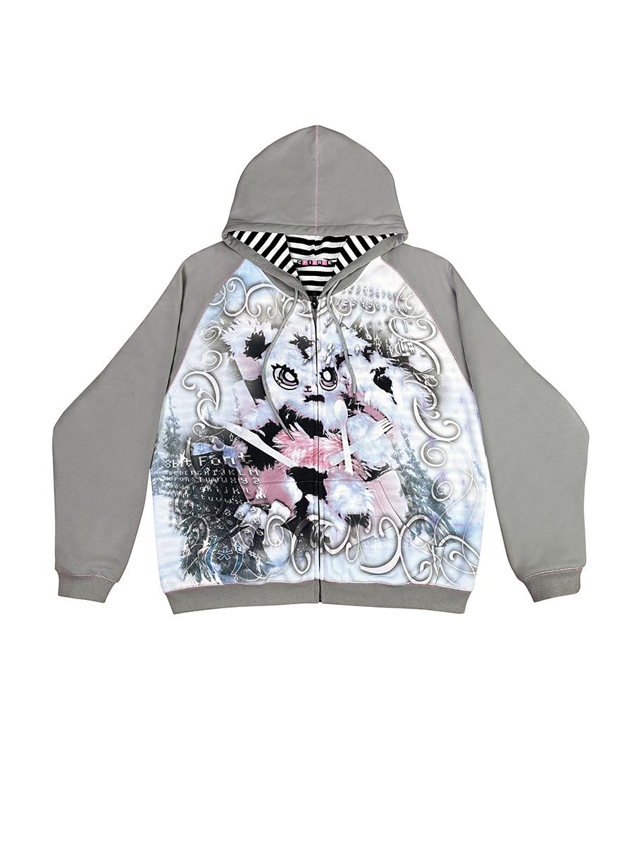 Abandoned Bunny Print Loose Zip-up Hoodie