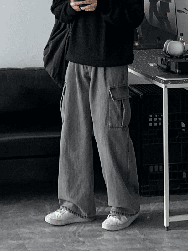 New 카고 Vintage 워싱 와이드 데님 팬츠