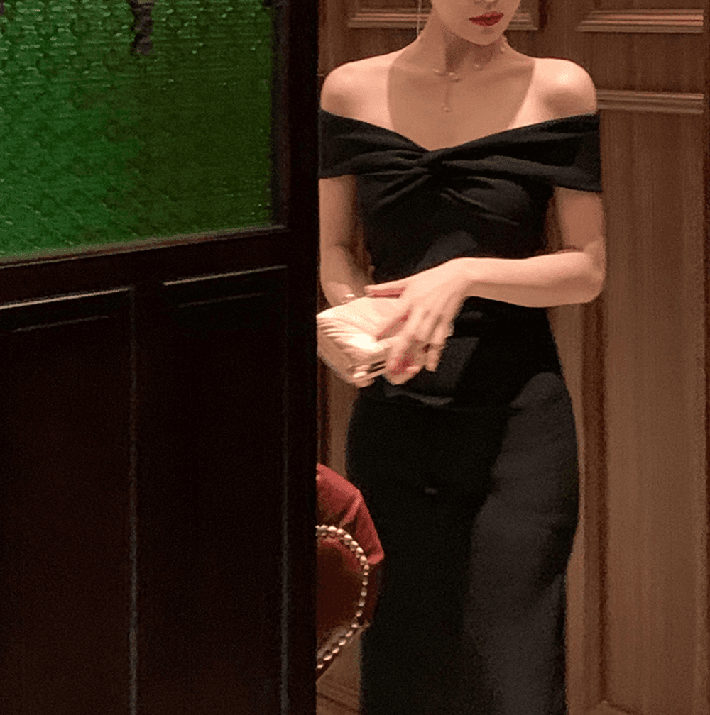 사운즈 오프숄더 슬림핏 미디기장 블랙 원피스 스냅 드레스 웨딩캐주얼 촬영 파티룩