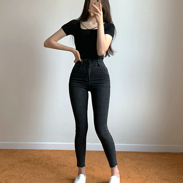 [XS같은핏/학다리핏/허리쏙] 9부 흑청 하이웨스트 데님 스키니 팬츠
