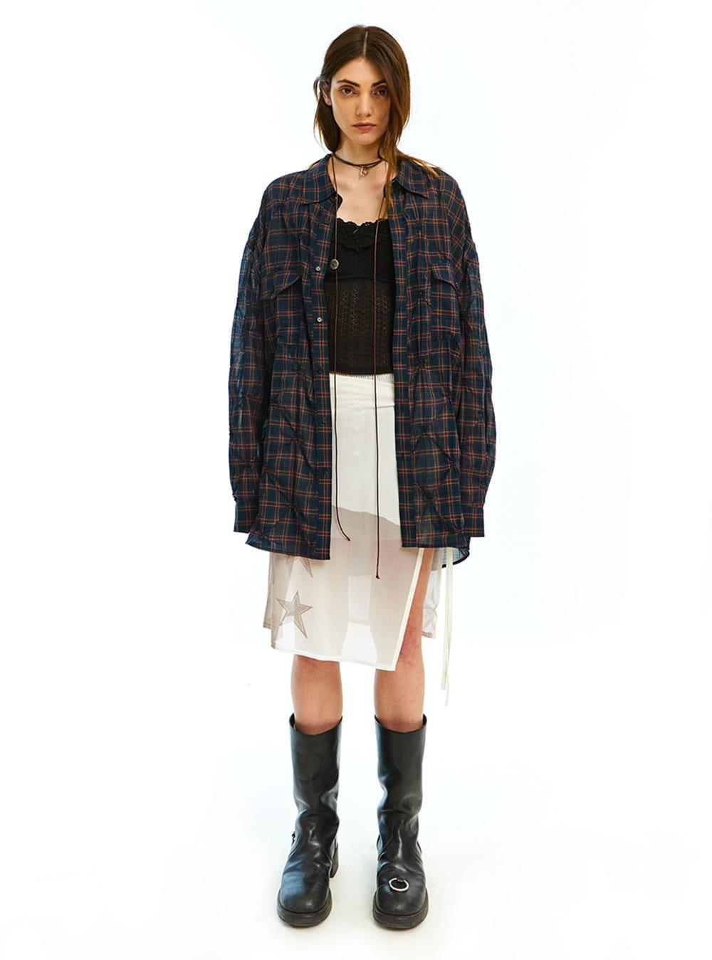 Silky Light Pleated Plaid Shirt