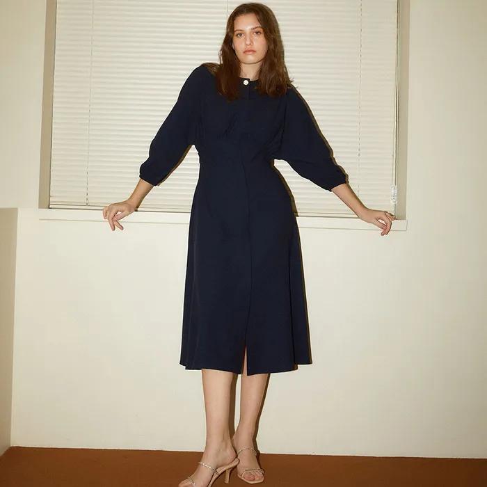 [LETQSTUDIO] Volume Gathering Crepe Dress_Navy
