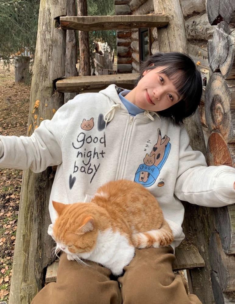 MeihaoStore 잠자는 게으른 고양이 기모 후드 집업