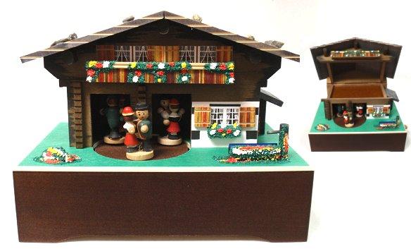 Swiss Chalet Music Box with Three Dancing (Waltzing) Couples