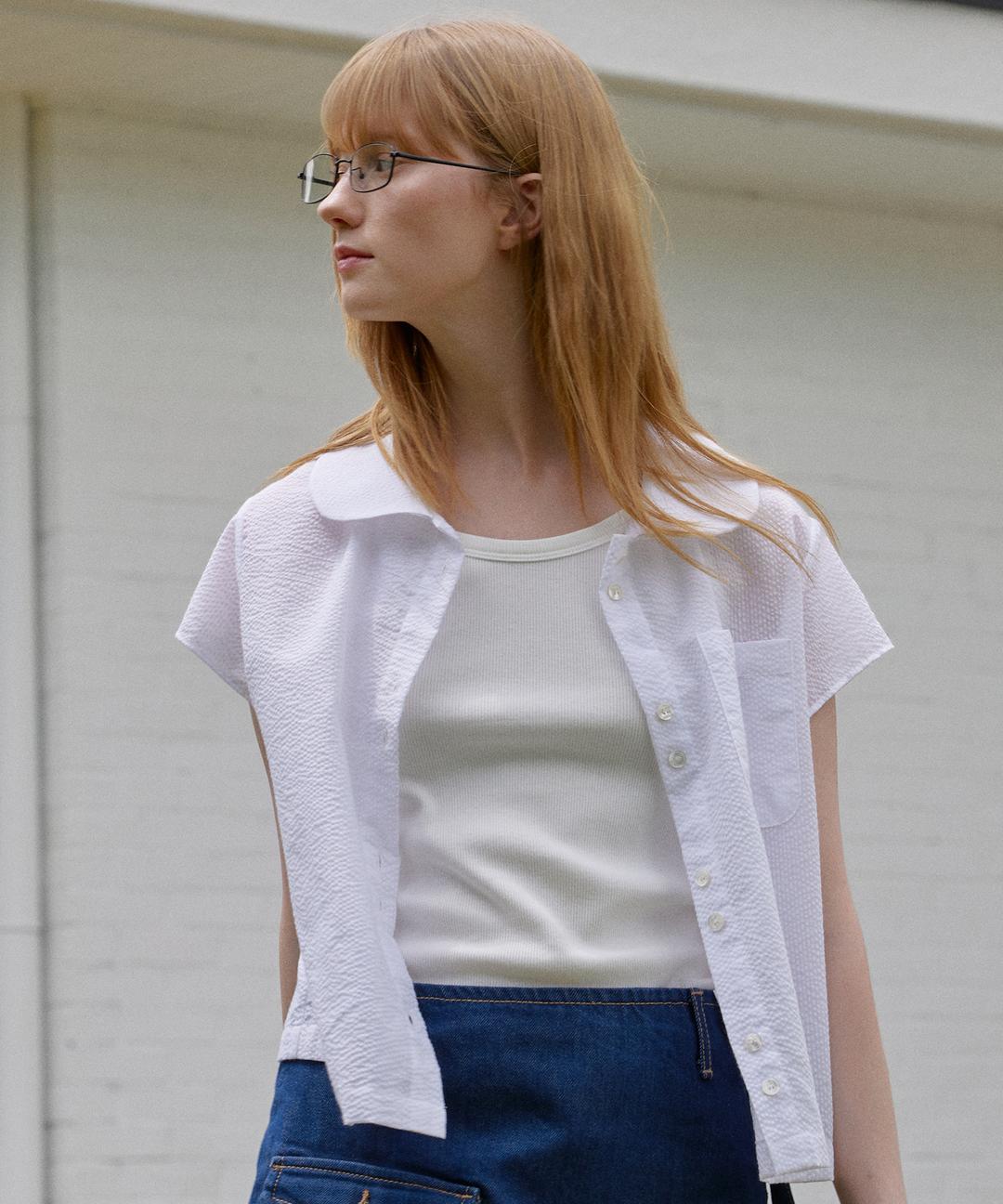 Summer Seersucker Cap Sleeve Shirt ( White )