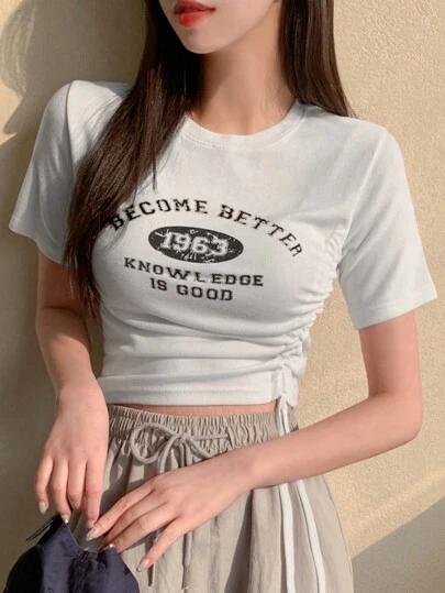 DAZY Women's Letter Print Ruched T-Shirt