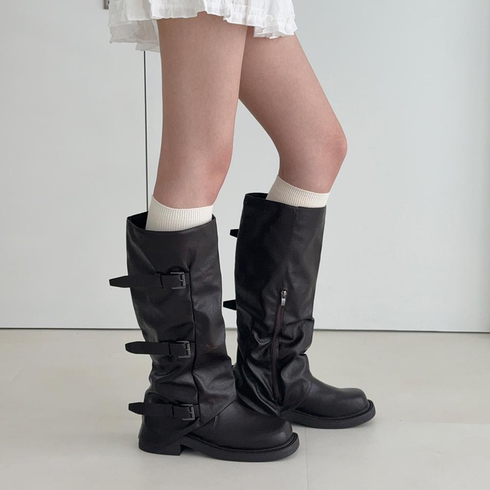 폭신 [미들&롱/하비추천👍] 폭신 사각코 버클 지퍼 통굽 미들부츠 롱부츠(4.5cm)-2571
