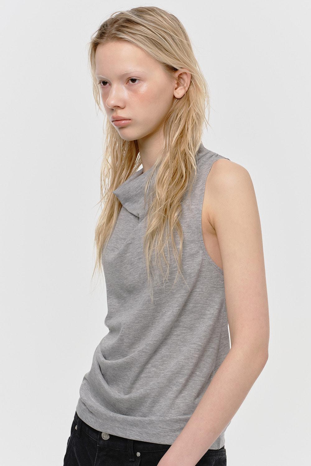 PIN TUCK HALTER NECK SLEEVELESS TOP, GRAY