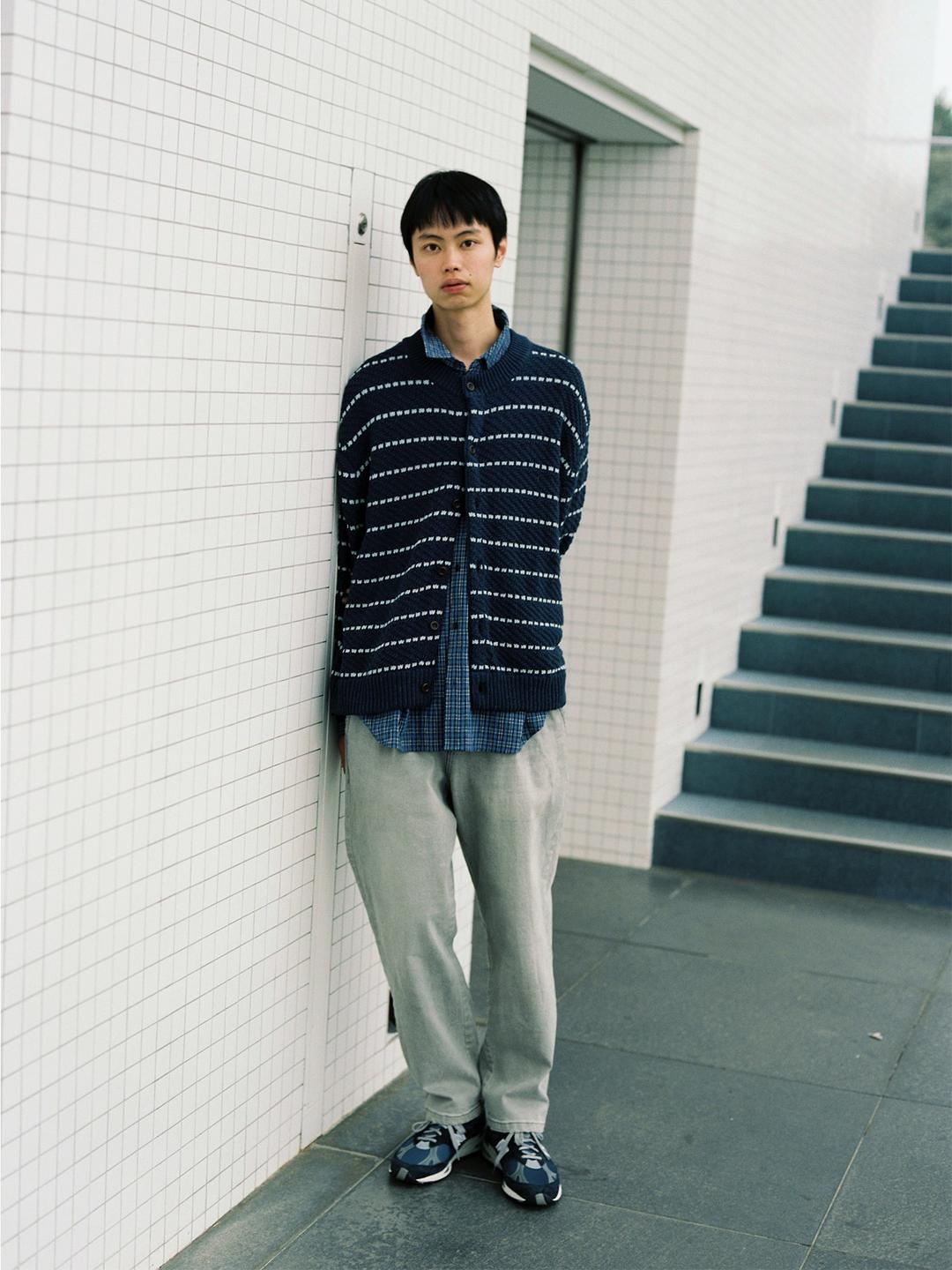 Men Striped Knit Cardigan - Navy