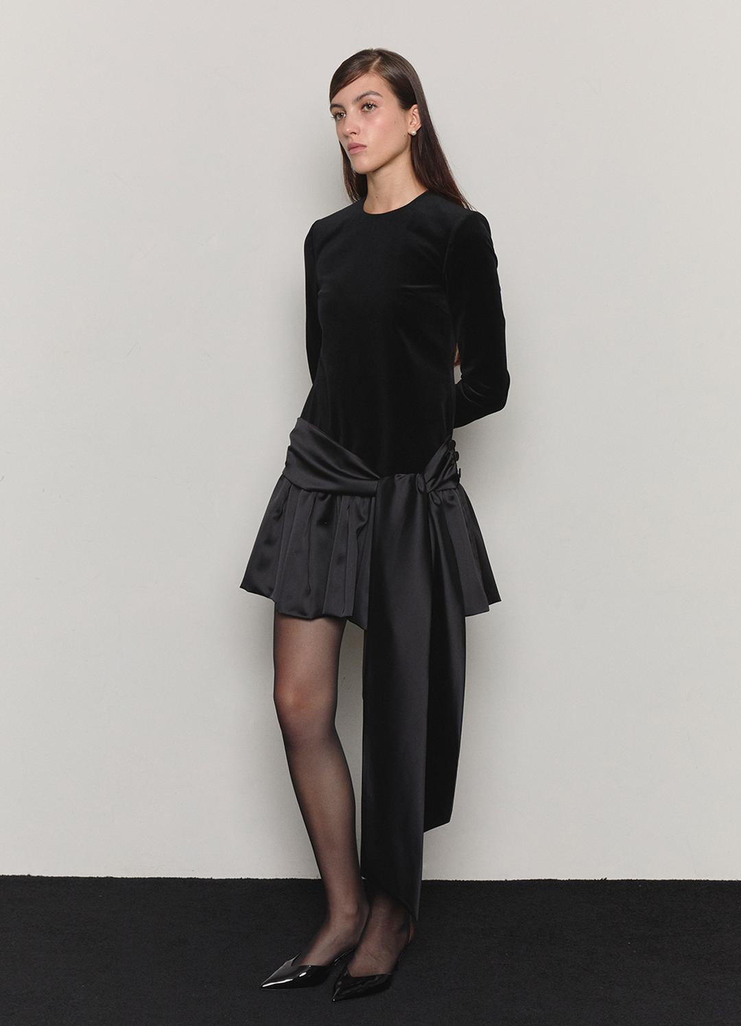 Bow Belted Peplum Velvet Mini Dress _ Black