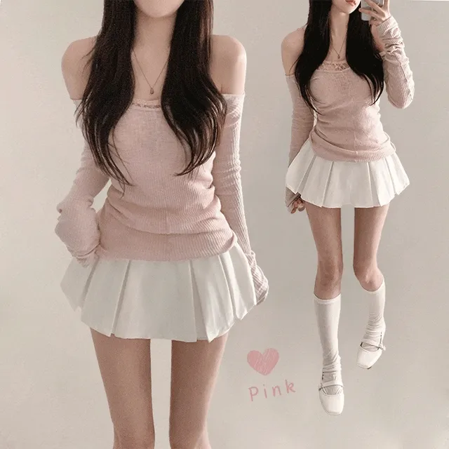 손등덮는 여리핏, 발레리나 오프숄더 얇은긴팔 핑크 골지티셔츠