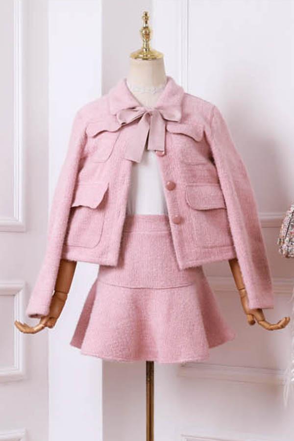 샤샤 리본 카라 숏 자켓 & 미니 스커트 세트 (핑크.살구.그린)