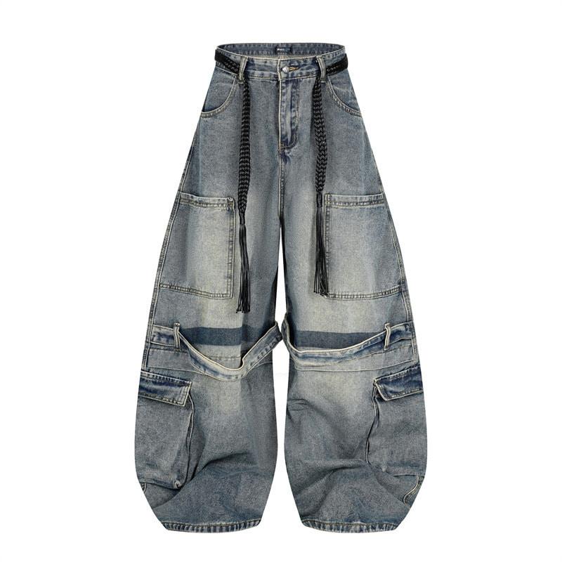 Fringe Twist Belt Cargo Wide 2Color Denim Pants (3242)