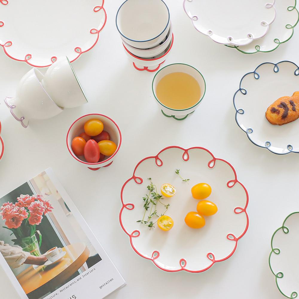 빈티지 레드림 플라워 플레이트 디저트 접시 브런치 레드림 접시