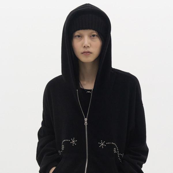 [2/7 출고 예정] Oversized Stud Knit Hooded Zip-Up (Black)