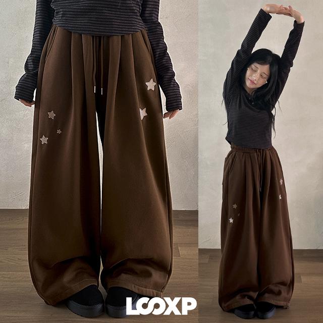 루너프 [LOOP/MADE] 더블 스타 자수 기모 핀턱 밴딩 와이드 벌룬 롱팬츠