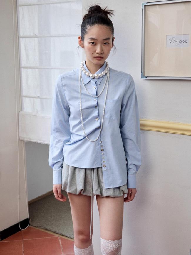 [1JINN STUDIO] Irregular Shell Button Long Sleeve Shirt