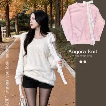 레이스 리본 트임 앙고라 루즈핏 니트