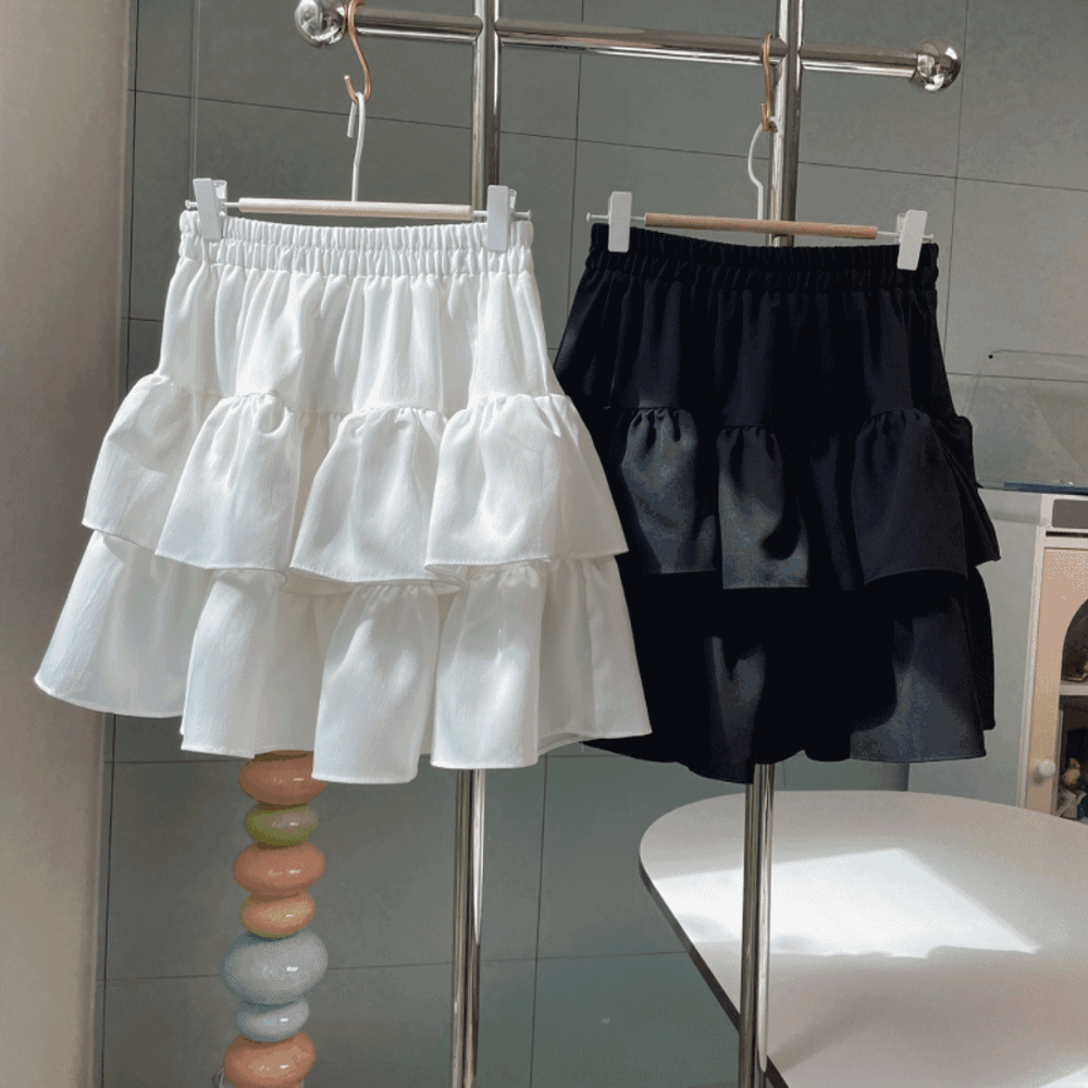 [~77]가을원단✨캉캉 치마바지 프릴 2단 무채색 미디 미니 A라인 밴딩 스커트(시즈니룩 하이웨스트 다계절)