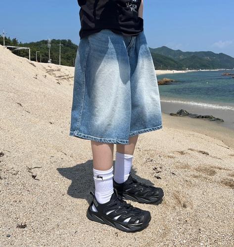 샌드 블루 워시드 버뮤다 데님 팬츠