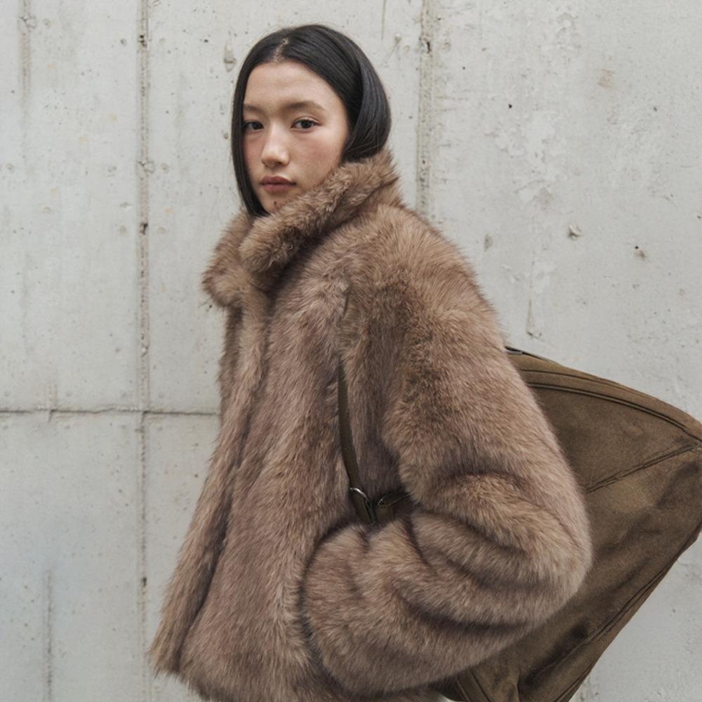 [5%중복쿠폰]Soft Faux Mink Collar Jacket_BROWN