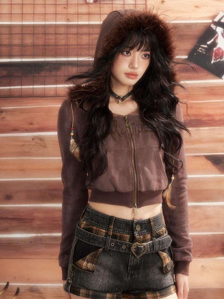 All iN Plan Vintage fleece-lined short hooded sweatshirt zip-up