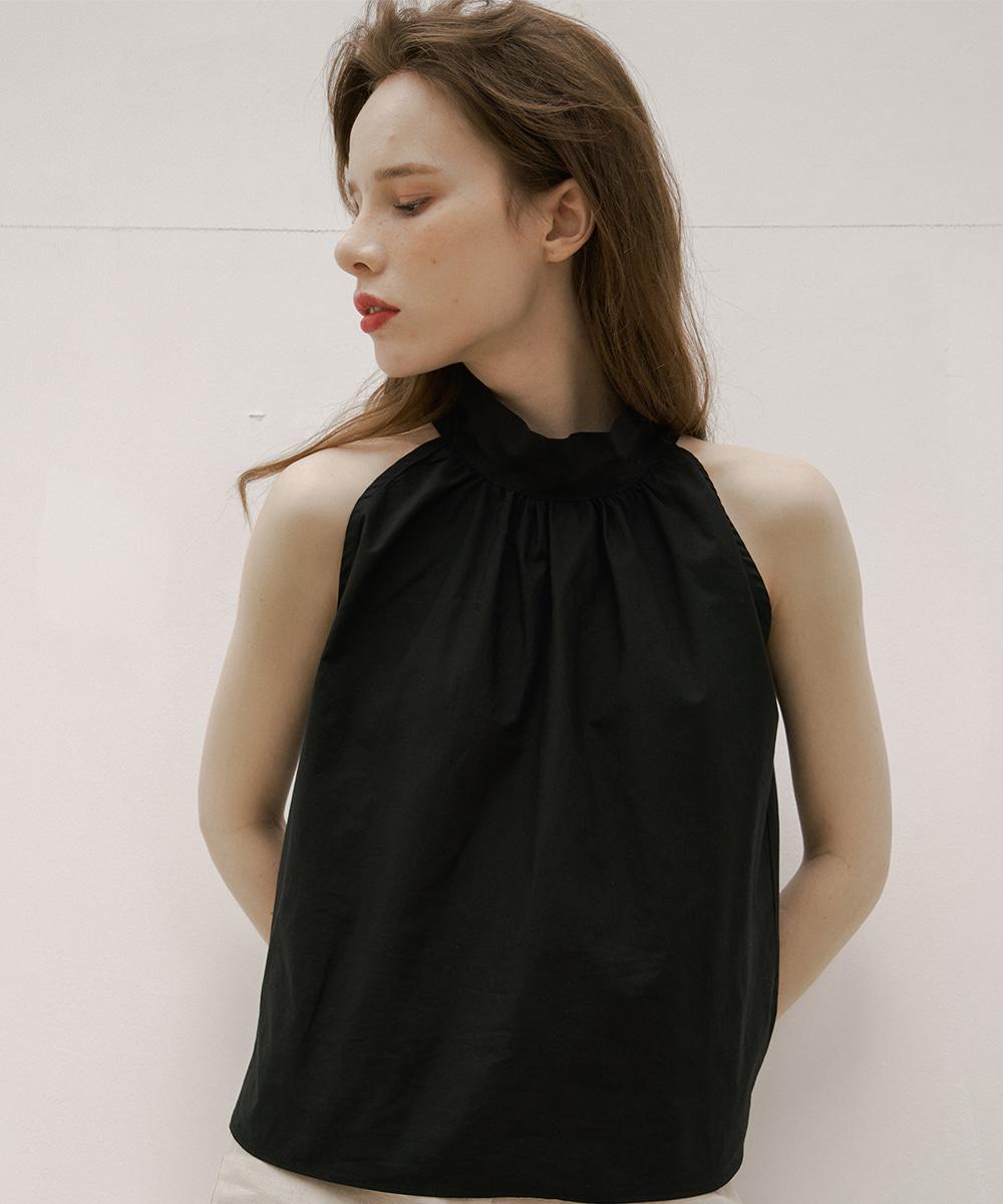 [누적 판매량 10,000장]Shirring Halter Neck Back Button Blouse Black