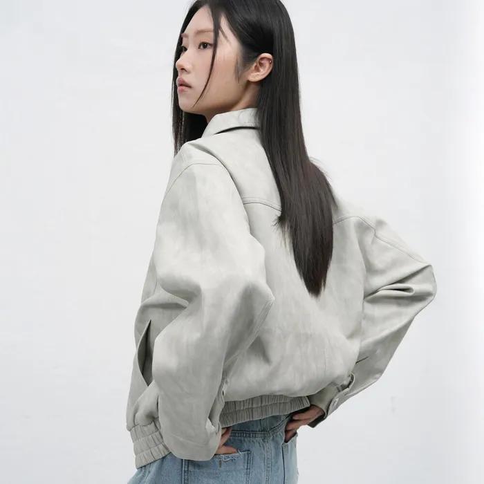 UNISEX 페이크 레더 카라 봄버 자켓 [GREY] / SBE3U09007