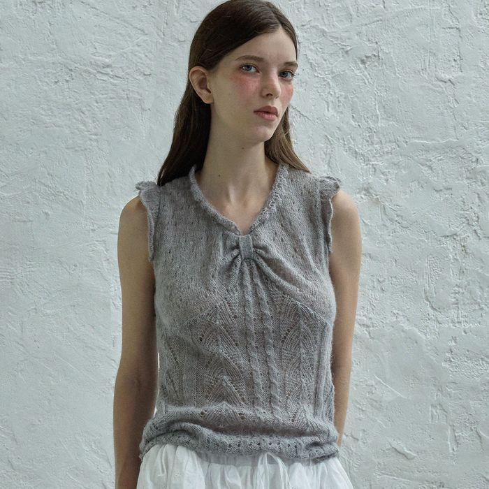 Ribbon sleeveless knit_gray
