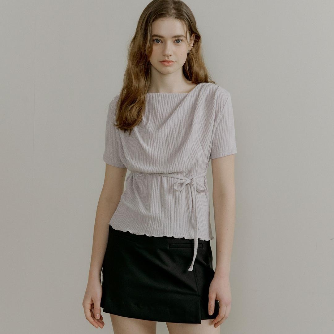 comos 1401 drape neck string detail T-shirt (pale pink gray)
