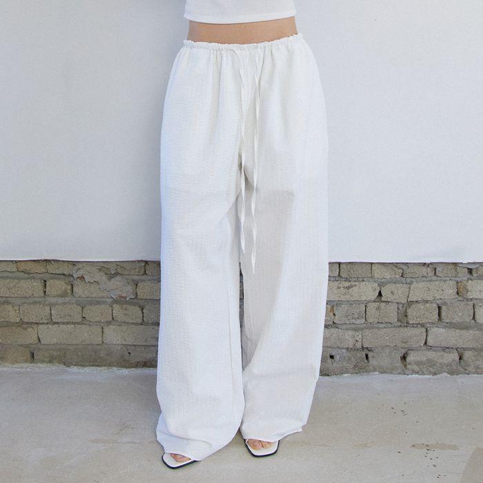 Seersucker Banding Stripe Wide Pants White