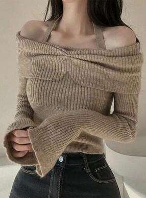 ホルターネックオフショルダーリブニットトップス[ks039]