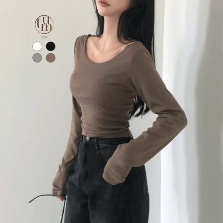 [기모추가!긴팔티종결!팔뚝커버✨]-5kg핏,부드러운 무지 라운드 유넥 여리소매 크롭 긴팔티셔츠 4color