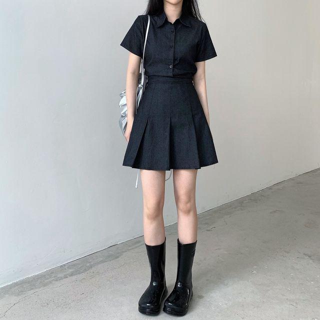 러프 데님 플리츠 반팔 원피스 (2color)_인더모어