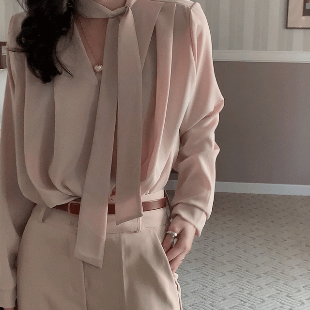 시크 타이 리본 고급 실크 인디핑크 페미닌 주름 블라우스 3col