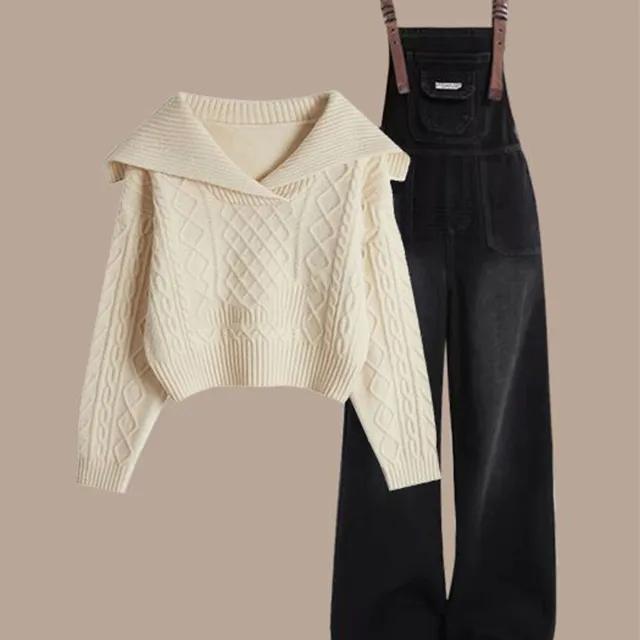 와이드 데님 멜빵바지 +스웨터 투피스 세트/S~3XL(40~80)KG/OT071