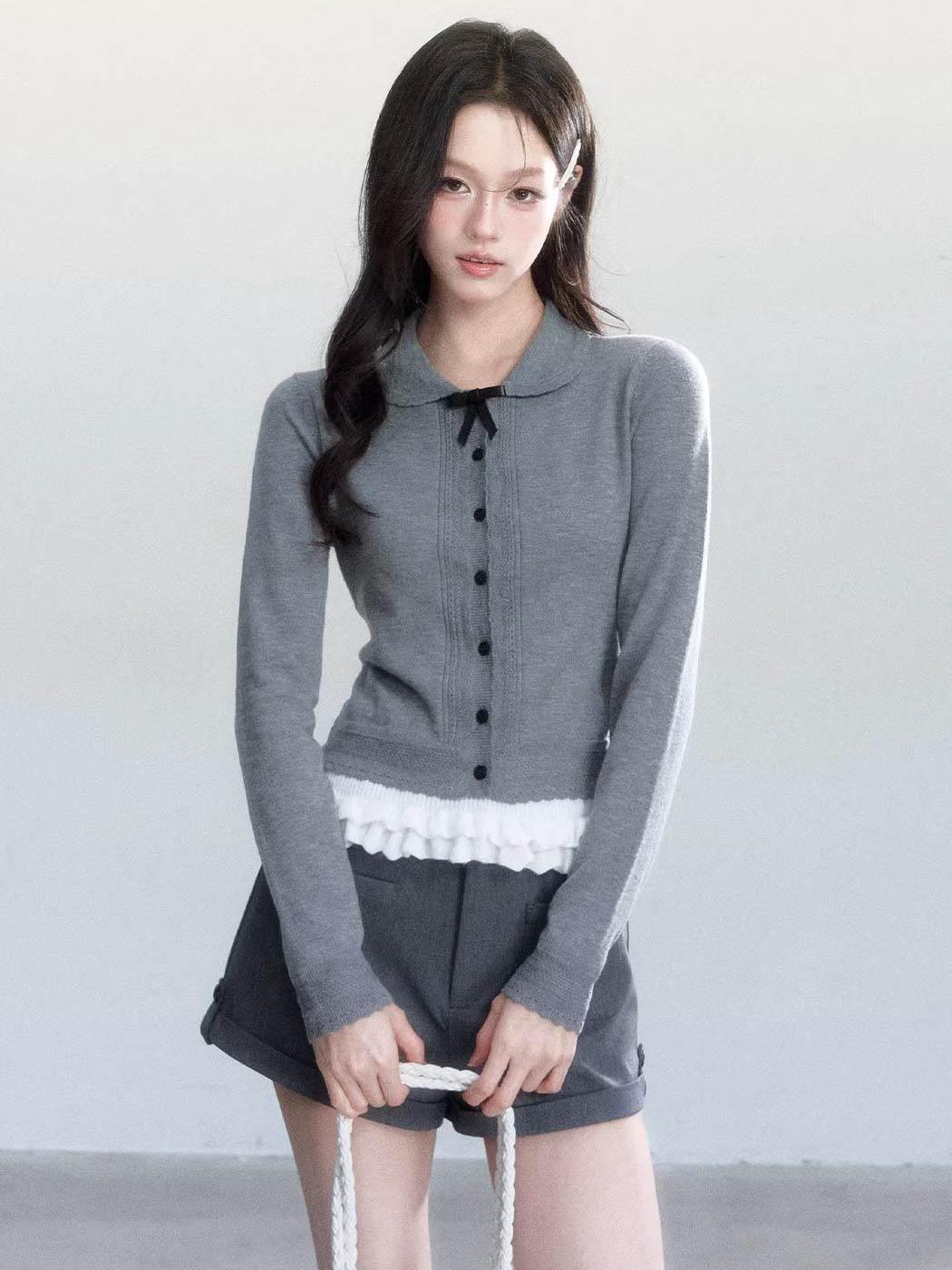 [FRAGILE HEART] Ribbon Collar Knit + Frill Layered Sleeveless Set