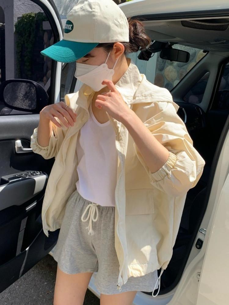 여름 바스락 얇은 바람막이 스트링 후드 숏 야상 점퍼