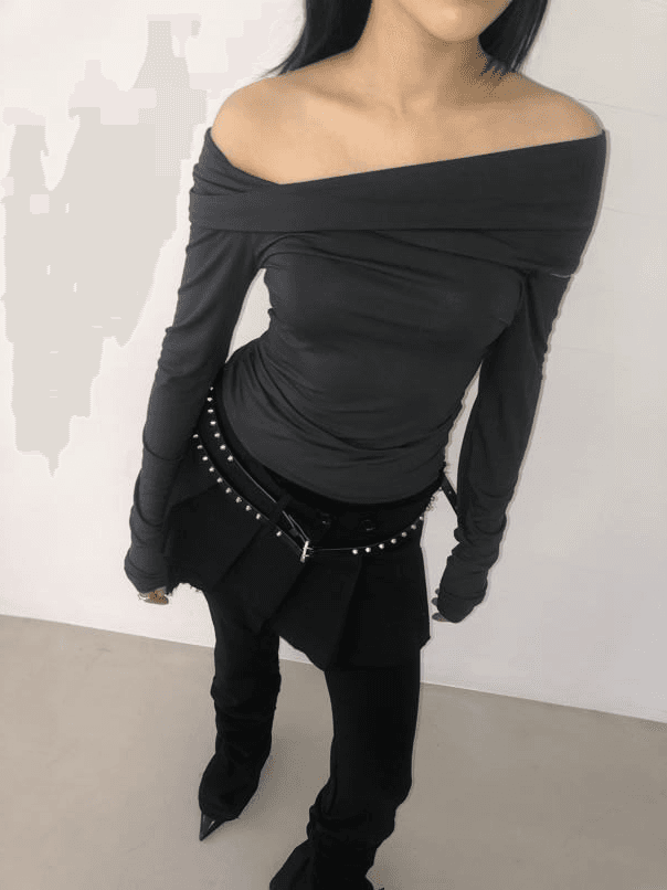 [PEYOTE] COWL NECK OFF-SHOULDER TOP CHARCOAL