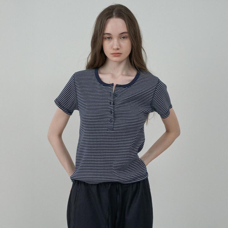 헨리넥 하프 셔츠 - Stripe Navy
