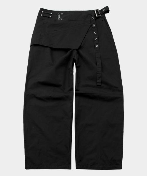 아일렛 벨티드 랩 레이어드 코튼 와이드 투피스 팬츠 세트 [블랙]