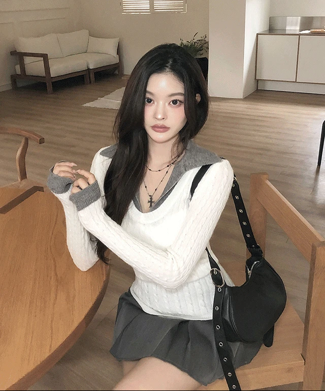 [허리잘록🤎손등덮는] 제이스 배색 카라 레이어드 일체형 가을 겨울 꽈배기 긴팔 니트 / 케이블니트 출근룩 데일리룩 데이트룩 클래식블랑